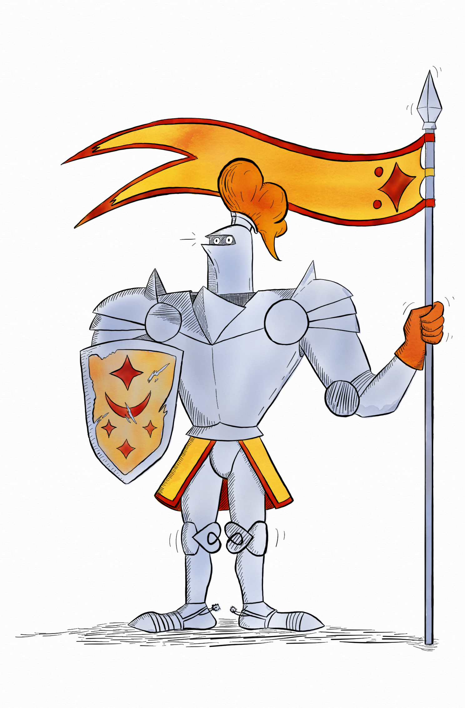 A tall, powerfully built knight in full plate armour bears a spear with a long pennant attached and a very beat-up shield. They appear terrified, shaking in their armour with wide eyes visible in the helmet.